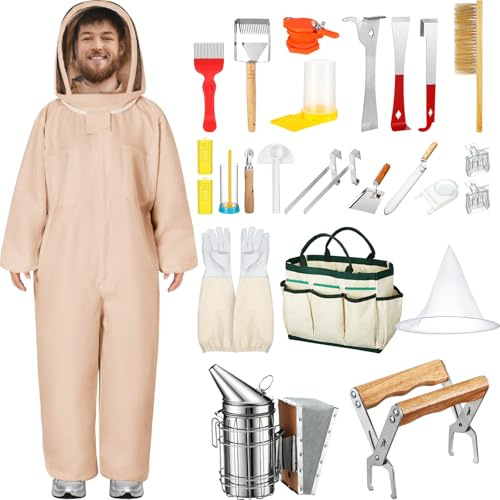 Leriton 30 Pcs Beekeeping Supplies Bee Hive Starter Kit Beekeeper Supplies Beekeeping Tools Equipment All with Beehive Kit Bee Suits Boxes Uncapping Tool for Beginners Professional(XL)