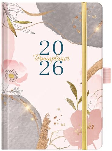 Taschenkalender 2026 - A6 Terminkalender 2026 von Januar bis Dezember, Wochenplaner 2026, Kalender 2026 Buchkalender mit Innentasche, Elastischer Verschluss, 16×10×0.5cm - Rosa