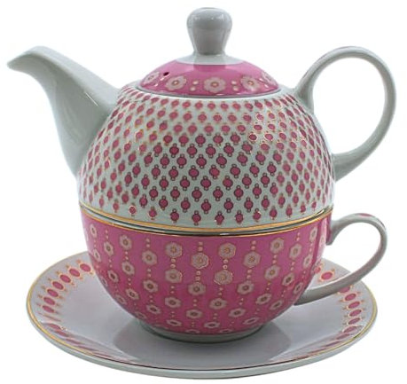 Brocca in porcellana, tea for one Set, caraffa da portata per tè, teiera, servizio da tè, tazza da tè con teiera, set da teiera, effetto retrò con tazza da tè in porcellana rosa e oro, lunghezza 15 x
