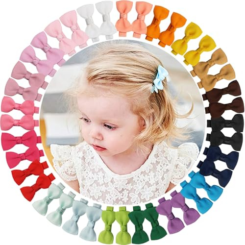 ALinmo 40 Pcs Small Size 2 Inch Baby Hair Clips Baby Hair Bows Craft Bows Ribbon Bows with Full Ribbon Covered Hair Bow Clips for Baby Fine Hair Colorful