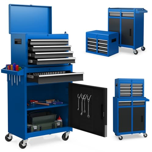 SOARS Servante d’Atelier, Chariot d’Atelier avec 5 Compartiments, 2 Étagères, Coffre Outils Amovible & Armoire à Outils, Verrouillable, 59 X 28 X 102 CM, pour Garage, Atelier, Maison (Bleu+Noir)