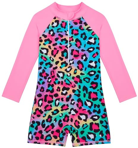Generisch Girls' Swimming Costume with Matching Headband UPF 50+ Long Sleeve Swimsuit Zip Beach Rash Guard Swimwear, pink, 4-5 Years