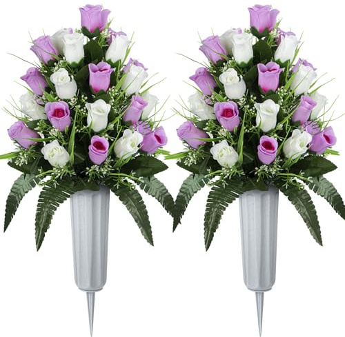 SIFOEL 2 pezzi cimitero commemorativo artificiale fiori rosa bouquet con vaso per cimitero lapidi decorazione (rosa e bianco)