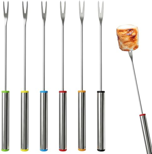Stainless Steel Fondue Forks,6 PCS Color Coded Cheese Fondue Forks for Chocolate Fountain Cheese Fondue,Heat Resistant Smores Sticks(9.5 Inch)