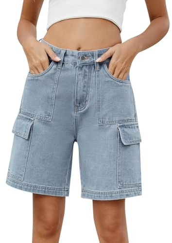 DUHENWU Bermudas para mujer, pantalones cortos, elásticos, informales, de verano, con bolsillos, pantalones vaqueros de pierna ancha, Y2K, ropa de calle, pantalones largos hasta la rodilla, pantalones