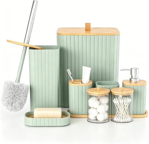 Capslpad Bathroom Accessories Set of 9, Modern Bathroom Accessory Set with Trash Can, Toilet Brush, Toothbrush Holder and Cup, Lotion Soap Dispenser, Soap Dish, Qtip Holder,Tray for Home Decor, Green
