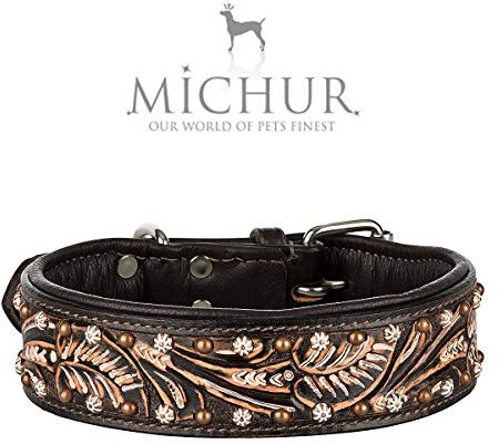 MICHUR Joris Hundehalsband Leder, Lederhalsband Hund, Halsband, Leder, Schwarz Braun mit Rundnieten und Steinchen,in verschiedenen Größen erhältlich