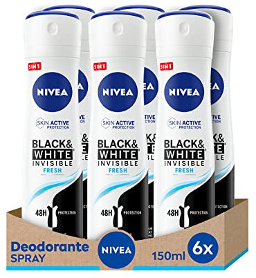 NIVEA Black & White Invisible Fresh Spray 6 x 150 ml, Deodorante donna per una freschezza 72h, Deodorante spray antitraspirante contro odori, sudore, residui, irritazioni e macchie su tessuti