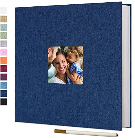 Vienrose Photo Album Self Adhesive Book with Window 40 Pages 33x32cm Blue | Linen Cover, Scrapbook Album, 4X6 8X10 Photos, Metallic Pen, Wedding Baby Travel