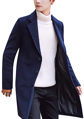 Springrain Cappotto da uomo monopetto in misto lana con colletto dentellato, caldo cappotto invernale, Navy, Large