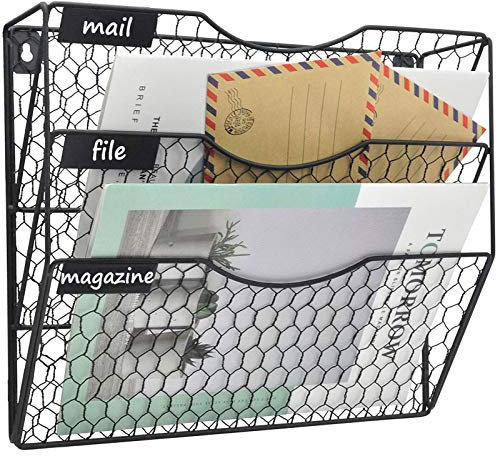 EASEPRES Mail Organizer Wall Mount Hanging File Holder Storage, Metal Chicken Wire Magazine Rack 3 Tier, Black