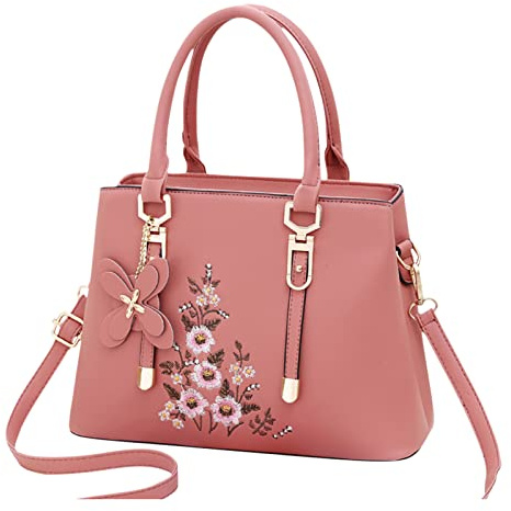 FANDARE Sac à Main Brodé Sacs Portés Épaule Étanche Sac à Bandouliere Sac Messager PU Cuir Sac Fourre Grand Sacoche pour Voyage Travail Achats Fête Rose