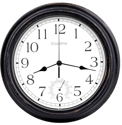 Reloj grande de 16 pulgadas para exteriores, impermeable, con termómetro, relojes de pared retro para patio, piscina, jardín, hogar, bronce
