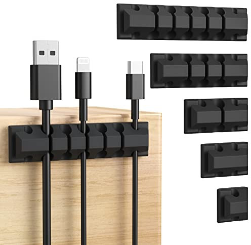 AGPTEK Kabelhalter, Kabelclips [5 Stück], Kabelmanagement, selbstklebend Kabelclips, Vielzwecke Kabelführung Kabel Organizer Set für Schreibtisch, Netzkabel, USB Ladekabel, Audiokabel, Schwarz