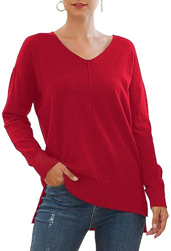 Yommay Jersey para mujer con cuello de pico, ligero, manga larga, elegante, jersey de punto, cálido, moda para invierno, D rojo., S