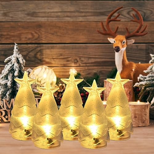 5 Piezas Mini Árbol de Navidad LED Iluminable, Árbol de Navidad LED con Luz Nocturna, Árbol de Navidad con Estrella en la Parte Superior para Sobremesa Adornos de Fiesta de Navidad Decoración Regalo
