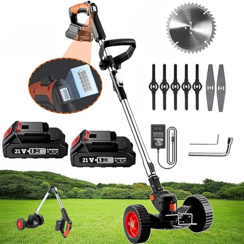 Cortacésped eléctrico inalámbrico de 21 V, desbrozadora con ruedas, cortadora de césped plegable portátil con batería for jardín con 2 baterías y 3 tipos de cuchillas, desbrozadora, for poda de hierba