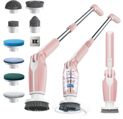 Leebein Brosse Électrique Nettoyage 2024, Brosse Nettoyage sans Fil avec 8 Brosses remplaçables, Télécommande, Longueur Réglable 38-132CM et 2 Vitesses de Rotation pour Salle de Bain/Cusine/Voiture