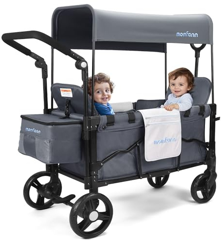 MOMFANN Stroller Wagon for Kids, Wagon Stroller Toddlers 2 Seaters, All-Terrain Baby Wagon Outdoor with Canopy, Parent Organizer, Adjustable Handle & Pull Bar for Infants and Toddlers, Gray