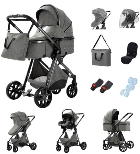 GLOKID Kinderwagen 3 in 1, Kombikinderwagen reisesysteme mit tragbar Wickeltasche Moskitonetz Regenschutz Fußsack, Zusammenklappen, Liegeposition Hohe Landschaft (LV9 Dunkelgrau)