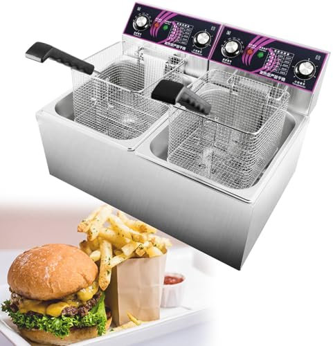 GESAIDES Freidora Eléctrica, Freidora Eléctrica Comercial, Freidora de Encimera con Cesta de Acero Inoxidable, Tapa, Temporizador, para Uso en Cocinas Domésticas y Restaurantes,2x8L