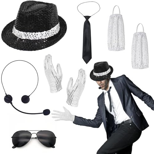 Lot de 8 costumes Michael rockstar années 80, accessoires jazz chapeau paillettes, gant, chaussette, cravate, lunettes soleil, microphone tête, King