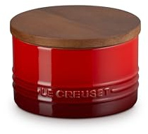Le Creuset Signature Salt Cellar and Storage Canister with Wood Lid, 16 oz., Cerise