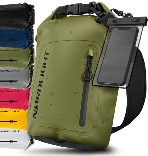 Nordlight Dry Bag Vattentät Väska med Mobilfodra+ Rullstängning, Axelrem | Drybag Vattentät Ryggsäck Packsäck Våtbag Packväska | Simning Strand Stå Upp Paddling Kanotpaddling - Olivgrön, 20 Liter