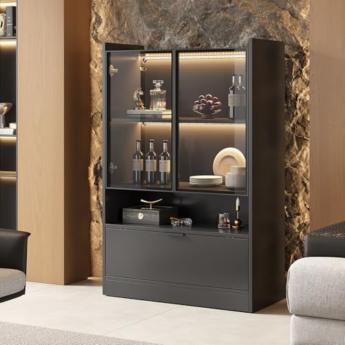 Billg Vitrina de Cristal, Vitrinas para Colecciones con Luz LED, 3 Puertas y Compartimento Abierto Vitrina Expositora, Vitrina Armario para Salón, Dormitorio, Pasillo, Oficina, 120x80x35cm, Negro