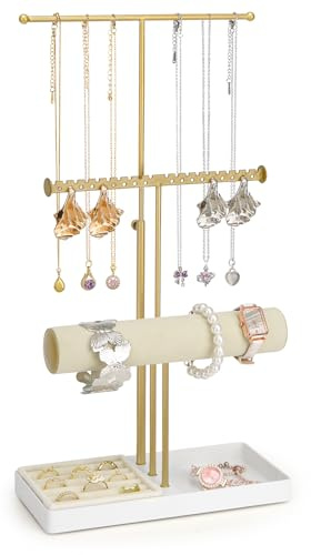 mepure Porte Bijoux 3 Niveaux – Présentoir Élégant pour Colliers, Bracelets, Boucles d’Oreilles – Support Rangement Bijoux Femme, Décoration Chambre, Idée Cadeau – Style Moderne & Stable，dorée.