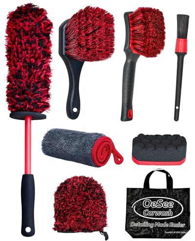 oesee 8PCS Wheel Cleaning Kit with Microfiber Brush & Rubber Grip Tire Brush, Twist Loop Drying Towel, Detailing Brush, Applicator for Car Rim and Tire Care