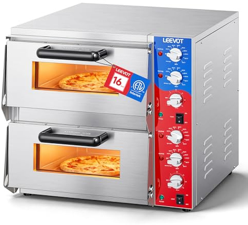 LEEVOT Commercial Double Deck 16 Inch Electric Pizza Oven | 3600W Countertop Pizza Maker with Pizza Stone for Restaurant, Food Truck & Indoor Use | ETL Certified, 120V