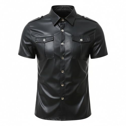 Chemise en Cuir Homme Manches Courtes Coupe Slim Noir Chemise en Simili Cuir PU avec Boutons-pression et Poches Poitrine Style Gothique