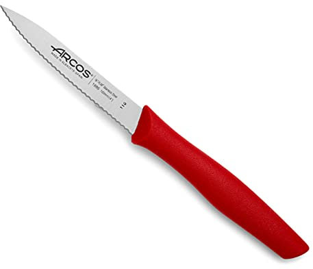 Arcos Serie Nova, Spelucchino Coltello per sbucciare Serrato, Lama Acciaio Inossidabile NITRUM 100 mm, Manico Polipropilene, Colore Rosso