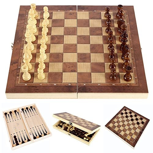 Folding Storage Wooden Chess Board Sets - 3 in 1 Chess Board Game for Adults and Kids (Backgammon, Checkers), Exquisite Wooden Chess Set