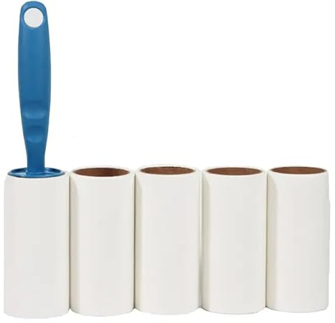 Maxiscorta Kit 5 Rotoli da 50 Strappi Pretagliati (250 fogli) + Manico Ergonomico Rullo Adesivo Elimina Pelucchi Peli e Capelli Pulizia Giacca e Vestiti Scorta Convenienza EnJoeyStore
