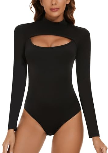 SLIMBELLE Body para mujer de cuello alto para mujer, manga larga, pecho hueco, sexy, elegante, parte superior, escote de una pieza, bodis de manga larga