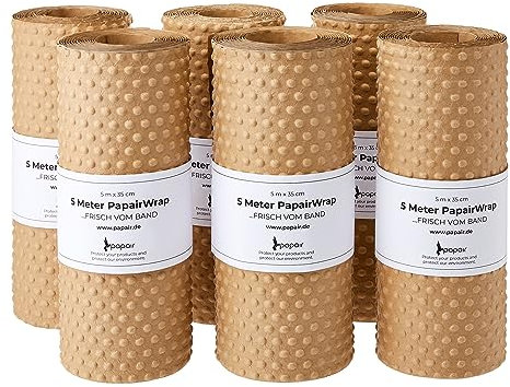 PapairWrap - Die Luftpolsterfolie aus Papier (35cm x 5m) 6er Bundle - für Versand, Verpackung und Umzug, nachhaltig, ohne Klebstoffe, 100% biologisch abbaubar, Polstermaterial, Noppenpapier
