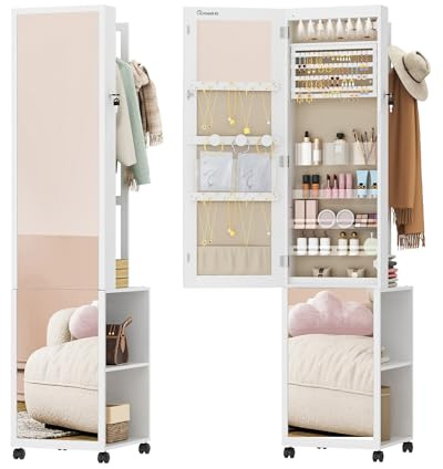 Hzuaneri Armoire à Bijoux 8 LEDs, 175cm Organisateur de Bijoux sur Pied avec 1 Porte-Vêtements,Rangement Bijoux, Miroir Verrouillable sur Toute la Longueur avec 4 Roues, Blanc et Beige JC17003BE