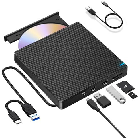 NOLYTH Externes CD Laufwerk für Laptop: USB-C Slim DVD Brenner Extern mit SD/TF Slot/2 USB Ports - Tragbar Externe Optische Laufwerke für PC Windows 11/10 Mac MacBook Plug & Play