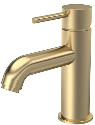 Balterley Bathroom Sink Taps, Mono Basin Mixer Tap with Push Button Waste, Single Lever Temperature Control Bathroom Tap, Round Body, Rounded Curve Down Spout Taps - 52 x 159 x 166mm (Brushed Brass)