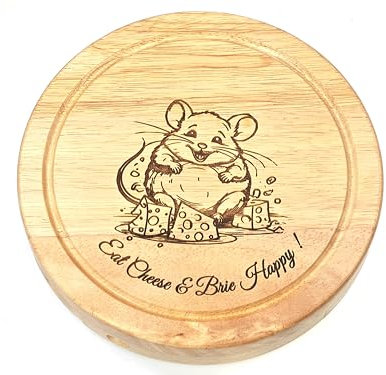 Eat Cheese Brie Happy Cheeseboard, Wire Cutter Tongs, 19cm Round, Wood, Personalised Engraving Mouse Theme Cheeseboard