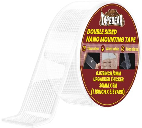 TAPEBEAR Nano Tape Double Sided Tape 30mm x 5m, Tear By Hand, 2mm Thick Strong Mounting Tape, Reusable Clear Gel Wall Sticky Strips, Traceless, Washable for Hanging Picture, Poster, Carpet
