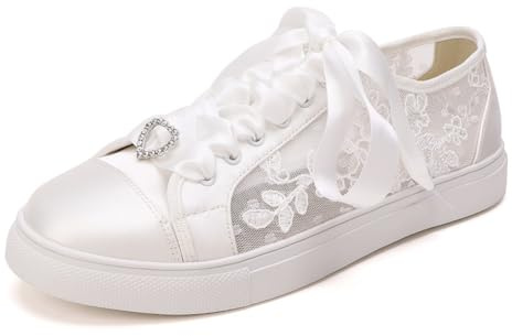 Femmes Lacets Baskets De Mariée Chaussures De Mariage en Satin De Dentelle pour La Mariée Fermé Bout Rond Découpé Tennis Flats