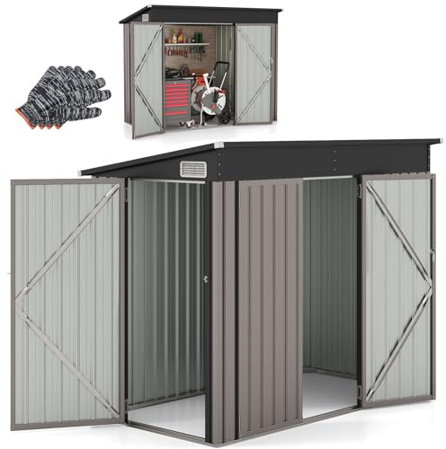 RELAX4LIFE Casetta da Giardino 235X117X185CM con 3 Porte: Porta Laterale + Doppia Porta Anteriore, 2 Finestre per Ventilazione, Tetto a Falde, 2 Paia di Guanti, per Patio, Prato, Cortile (MARRONE)