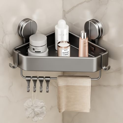 Mustorn Duschablage Ohne Bohren, Duschregal Ecke Saugnapf Badezimmer Regal Wand Duschkorb mit Handtuchhalter & Abnehmbare Haken Eckregal Bad Ablage Dusche Regal Duschkorb Ohne Bohren(1 Stück, Grau)