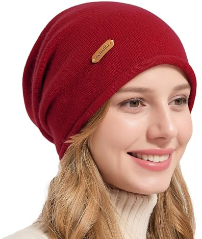 ACUSHLA 100% Merino Wool Slouchy Beanie, Knit Winter Hat Unisex, Red