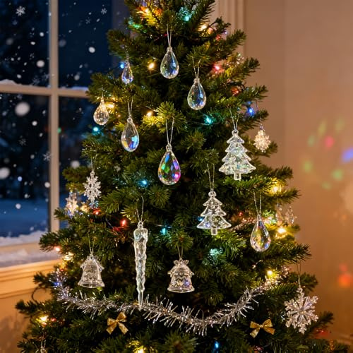 GOINGSKY 30 Pezzi Natale Decorazione Cristallo Decorazioni Albero di Natale, Acrilico Fiocco di Neve Ghiacciolo Con Fili da Appendere Pendenti Ornamenti, Natalizia Inverno Festa Addobbi Trasparente