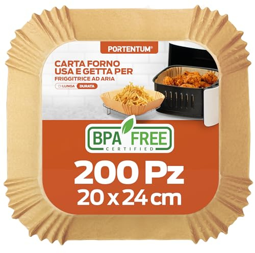 PORTENTUM Carta forno per friggitrice ad aria, 200 unità quadrate 20–24 cm, adatte a modelli 5–8 L