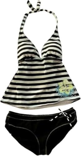 HooteBeooe Lindo traje de baño tankini Y2k floral para mujer, conjunto de bikini vintage a rayas, traje de baño de 2 piezas, traje de baño de 2 piezas, ropa estética de moda de los años 2000